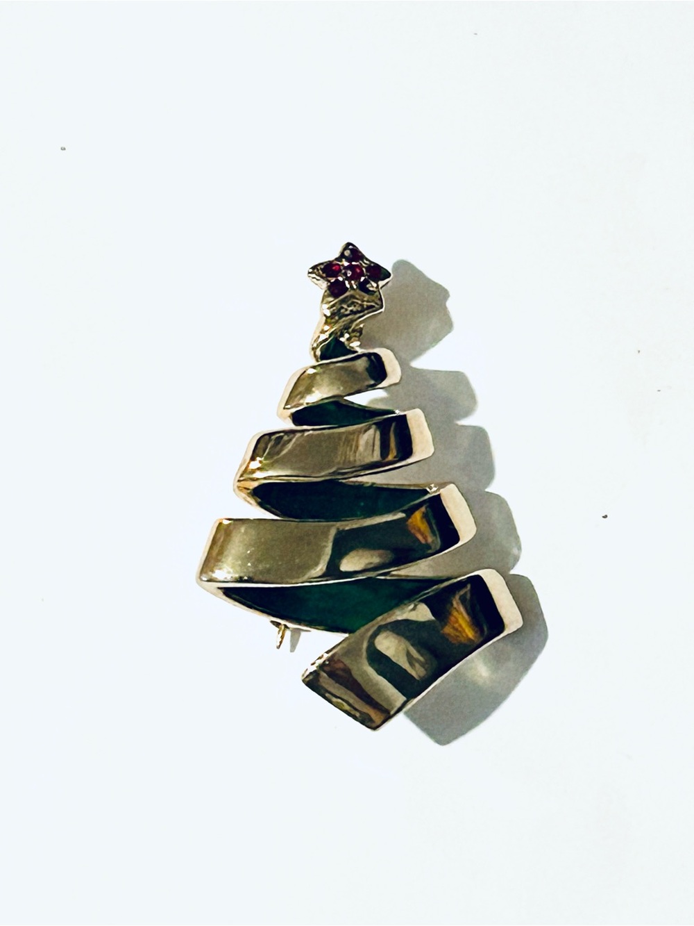 Gold-Tone Spiral Christmas Tree Brooch with Red Star Accent, Holiday Jewelry